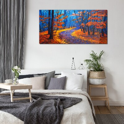 Glasbild Herbstallee in den Farben des Sonnenuntergangs