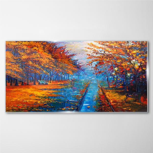 Glasbild Goldener Herbst über dem ruhigen Wasser