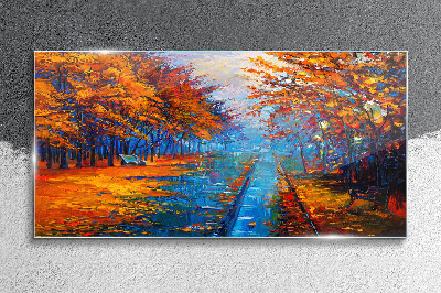 Glasbild Goldener Herbst über dem ruhigen Wasser
