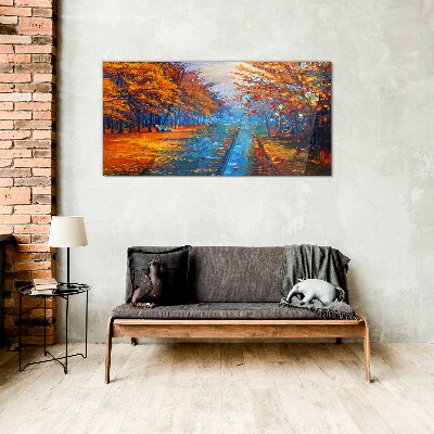 Glasbild Goldener Herbst über dem ruhigen Wasser