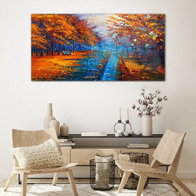 Glasbild Goldener Herbst über dem ruhigen Wasser