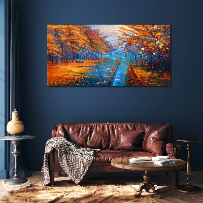 Glasbild Goldener Herbst über dem ruhigen Wasser