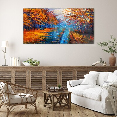 Glasbild Goldener Herbst über dem ruhigen Wasser