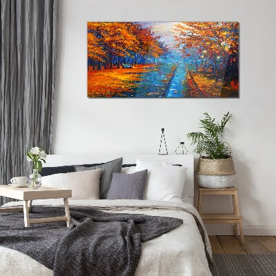 Glasbild Goldener Herbst über dem ruhigen Wasser