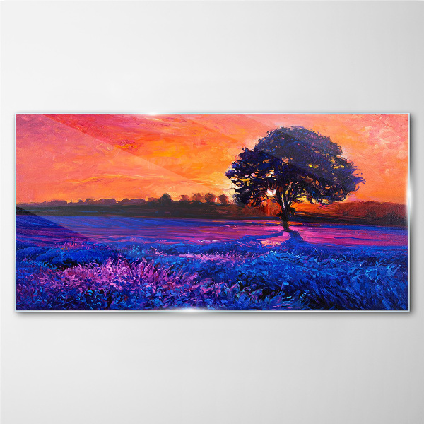 Glasbild Sonnenuntergang über einem lila Feld