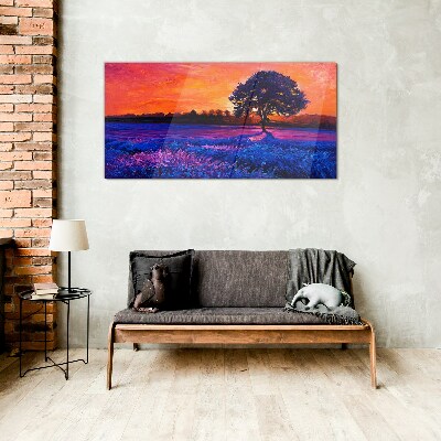 Glasbild Sonnenuntergang über einem lila Feld
