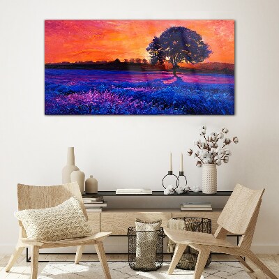 Glasbild Sonnenuntergang über einem lila Feld