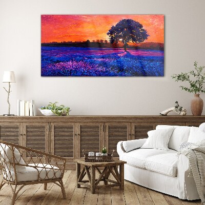 Glasbild Blumen Baum Sonnenuntergang