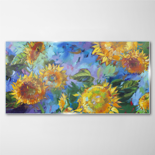 Glasbild Sonnenblumen in einer farbenfrohen Komposition