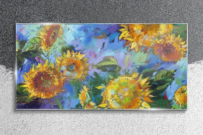Glasbild Sonnenblumen in einer farbenfrohen Komposition
