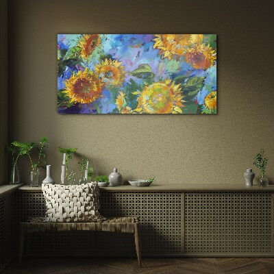 Glasbild Sonnenblumen in einer farbenfrohen Komposition