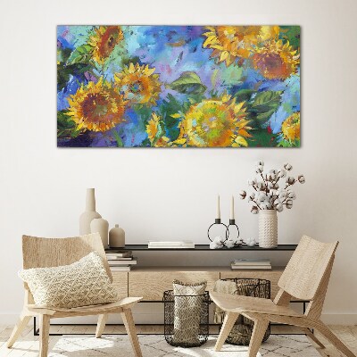 Glasbild Sonnenblumen in einer farbenfrohen Komposition