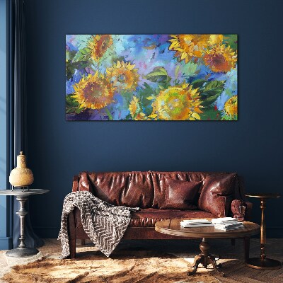 Glasbild Sonnenblumen in einer farbenfrohen Komposition