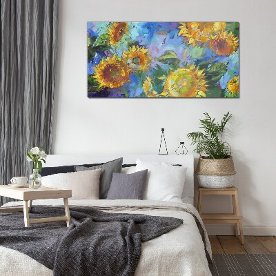 Glasbild Sonnenblumen in einer farbenfrohen Komposition