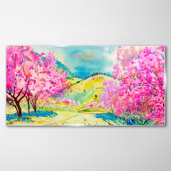 Glasbild Frühlingslandschaft in Rosatönen