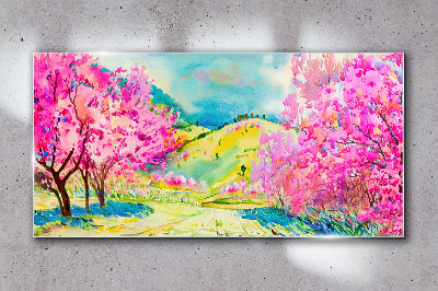 Glasbild Frühlingslandschaft in Rosatönen