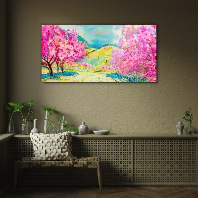 Glasbild Frühlingslandschaft in Rosatönen