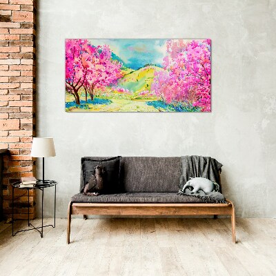 Glasbild Frühlingslandschaft in Rosatönen