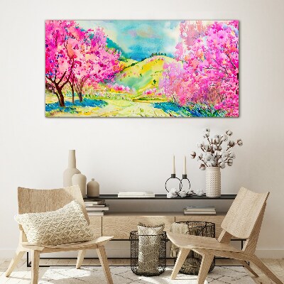 Glasbild Frühlingslandschaft in Rosatönen