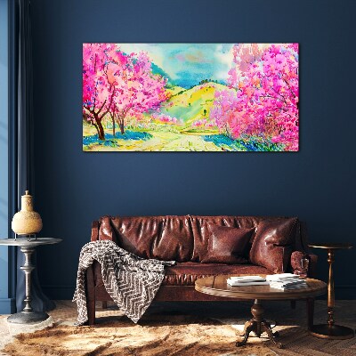 Glasbild Frühlingslandschaft in Rosatönen