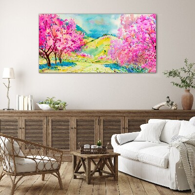 Glasbild Frühlingslandschaft in Rosatönen