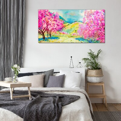 Glasbild Frühlingslandschaft in Rosatönen