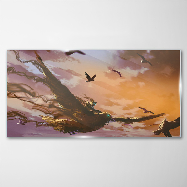 Glasbild Vogelflug in der untergehenden Sonne