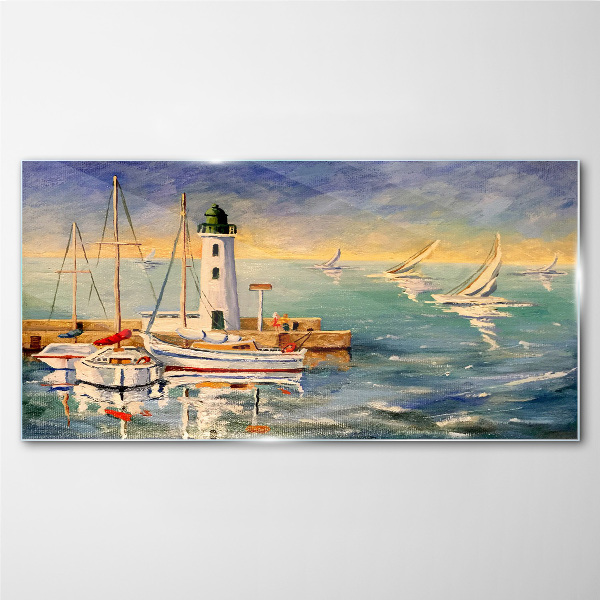 Glasbild Seelandschaft mit Leuchtturm