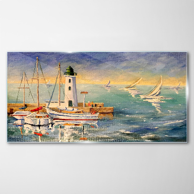 Glasbild Seelandschaft mit Leuchtturm