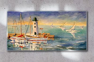 Glasbild Seelandschaft mit Leuchtturm