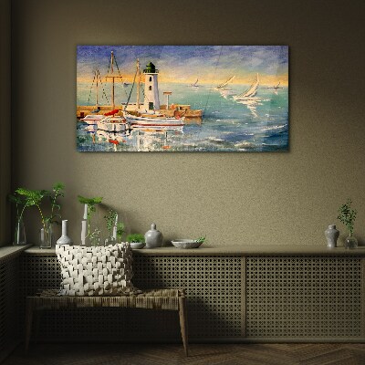 Glasbild Seelandschaft mit Leuchtturm