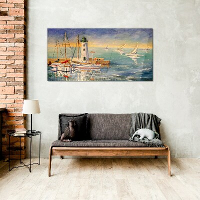 Glasbild Seelandschaft mit Leuchtturm