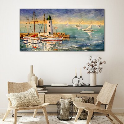 Glasbild Seelandschaft mit Leuchtturm