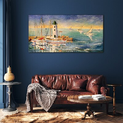 Glasbild Seelandschaft mit Leuchtturm
