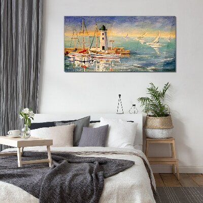 Glasbild Seelandschaft mit Leuchtturm