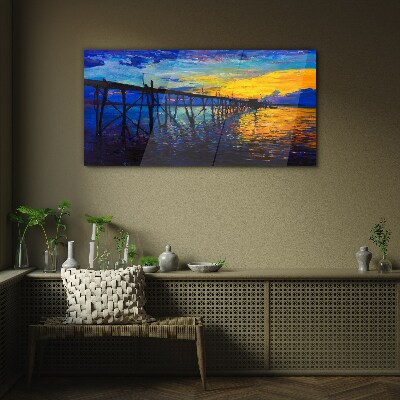 Glasbild Sonnenuntergang über dem Pier