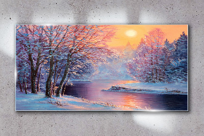 Glasbild Winter Fluss Bäume Sonne