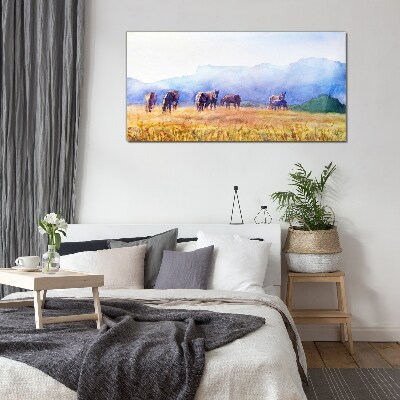 Foto glasbild Eine große Herde Pferde auf der Wiese