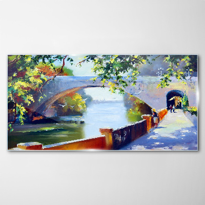 Glasbild Brücke im sonnigen Park