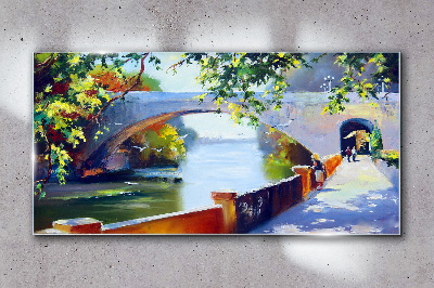 Glasbild Bäume Flussbrücke