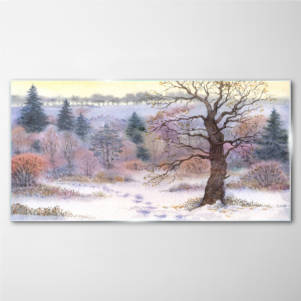 Glasbild Winterlandschaft mit einsamem Baum