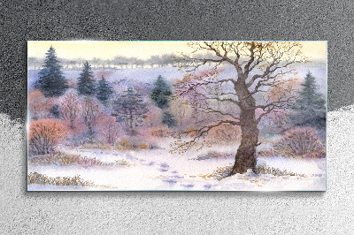 Glasbild Winterlandschaft mit einsamem Baum