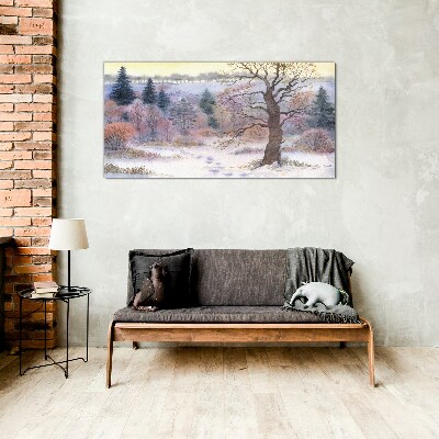 Glasbild Winterlandschaft mit einsamem Baum