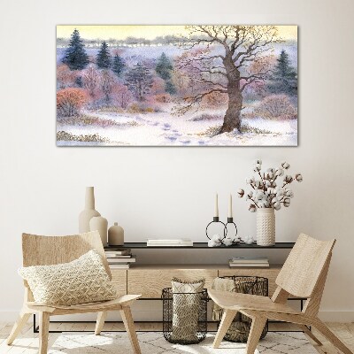 Glasbild Winterlandschaft mit einsamem Baum