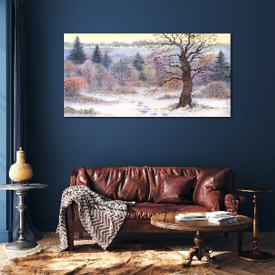 Glasbild Winterlandschaft mit einsamem Baum