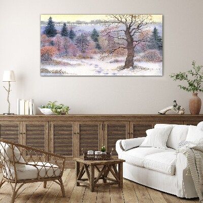Glasbild Winterlandschaft mit einsamem Baum