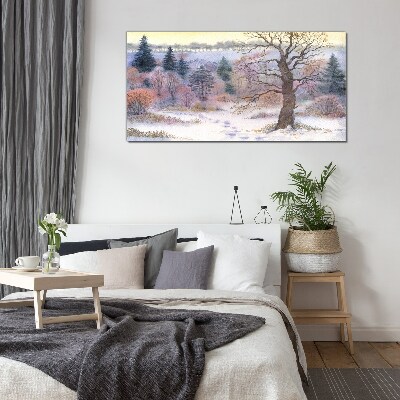 Glasbild Winterlandschaft mit einsamem Baum