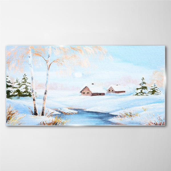 Glasbild Winterlandschaft mit Häusern im Schnee