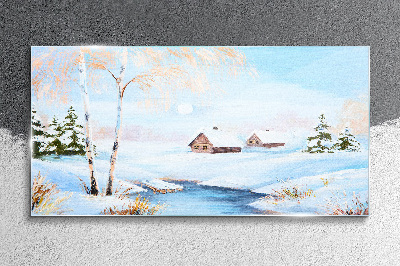 Glasbild Winterlandschaft mit Häusern im Schnee