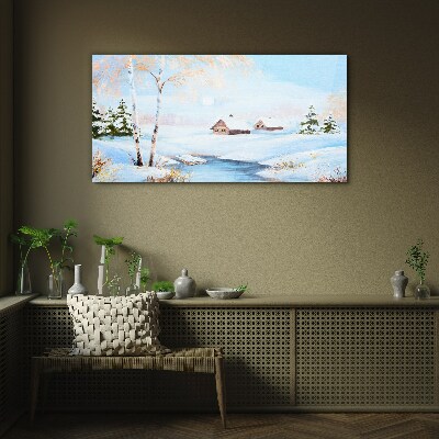 Glasbild Winterlandschaft mit Häusern im Schnee